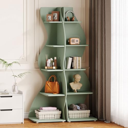 Tribesigns Wavy Corner Shelf Set of 2, Modern 5-Tier Bookshelf Etagere Bookcase with Curvy Shape, Unique Plant Stand Display Shelf for Living Room Small Space (Green) - color: Green