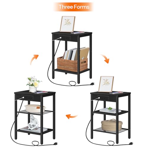HOOBRO Side Tables Set of 2 with Charging Station and USB Port, Small End Tables for Small Space, 3-Tier Nightstands with Adjustable Shelf, for Living Room, Bedroom, Black BB112BZP201 - color: Black