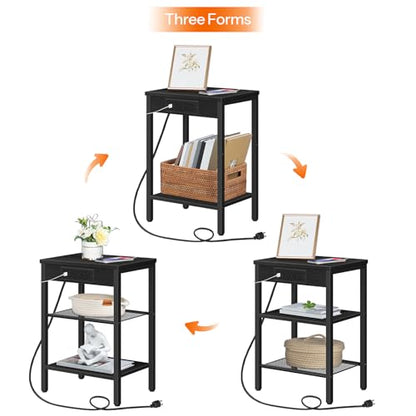 HOOBRO Side Tables Set of 2 with Charging Station and USB Port, Small End Tables for Small Space, 3-Tier Nightstands with Adjustable Shelf, for Living Room, Bedroom, Black BB112BZP201 - color: Black