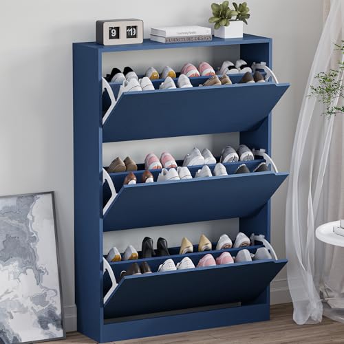 BORNOON Shoe Cabinet with 3 Flip Drawers, Hidden Wood Shoe Cabinet,Freestanding Shoe Storage Cabinet for Entryway Hallway. 47.2" H*31.5" W*9.45" D - color: Blue, size: 3 Drawers