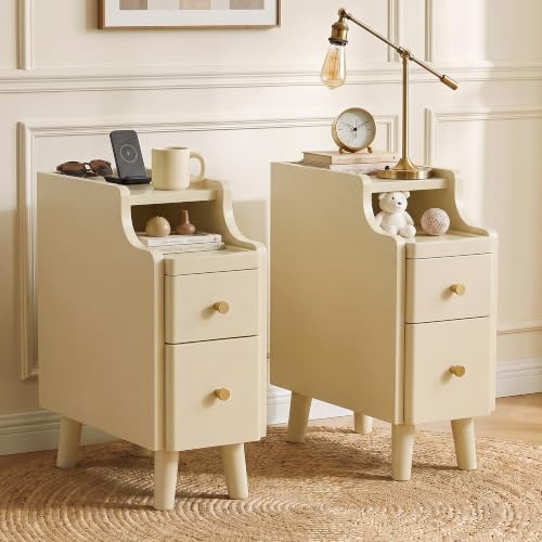 Nightstand with Drawers Set 2, Pre-Assembled, 19.7" H Natural Solid Wood Night Stand with Open Sliding Shelf, Mid Century Modern Small Bedside Table Cabinet for Bedroom, Cream 8" - color: Cream-2pack, size: 8"