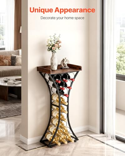 VEVOR 15 Bottle Wine Rack,Iron Freestanding Floor Wine Holder, Mini Bar Stand Liquor Cabinet with Wood Tabletop, for Home Bar,Kitchen,Living Room,Dining Room,16.9''L X 11.4''W X 35.2''H - size: 15 Bottles