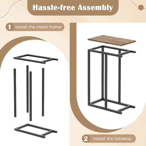 Giantex C Shaped End Table Set of 2, Small Side Tables for Sofa, Couch Table That Slide Under with Metal Frame, Industrial TV Tray Table for Small Spaces, C Table for Living Room Bedroom, Rustic Brown - color: Rustic Brown