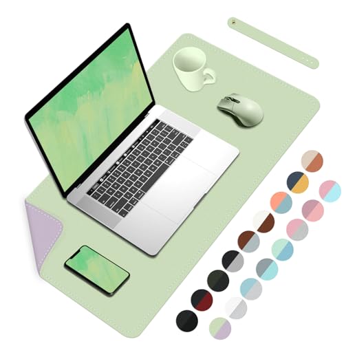 Bleswin Double-Sided Desk Mat, 23.6''×13.8'', PU Leather Mouse Pad, Waterproof Desk Pad, Laptop Leather Desk Mat, Protector for Keyboard and Mouse for Office and Home (Matcha+Purple) - color: Matcha+purple, size: 23.6'' × 13.8''