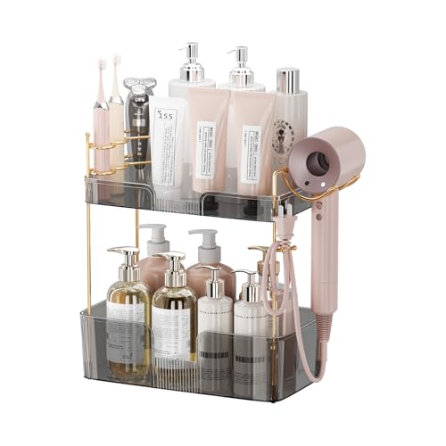 shuang qing 2 Tier Bathroom Counter Organizer with Hair Dryer Holder, Hair Tool Countertop Storage, Cosmetics Skincare Shelf, Makeup Organizer Perfume for Dresser Vanity Tray - Grey - color: Suya Grey, size: New-2 Tier