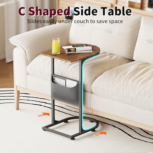 C Shaped End Table, Slide Under Small Side Table for Couch & Small Spaces | Wobble-Free C Table, Rustic Brown, Storage Bag, Sturdy Metal Frame, Wood Top, For Living Room Bedroom, 15-Min Quick Assembly - color: Classic Rustic Brown
