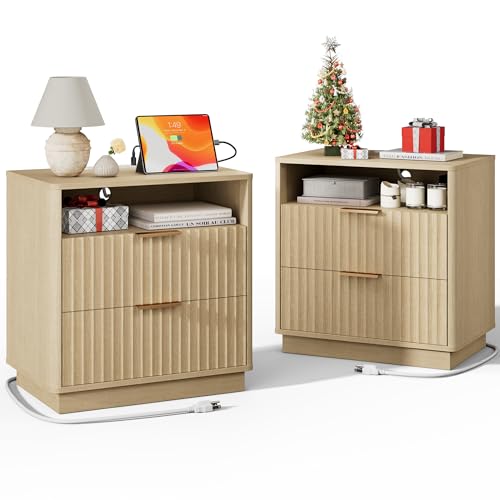 Fluted Nightstand, Night Stand Set 2, 23" Wide Nightstands Set of 2 with Charging Station, 2 Drawers Large End Table w/Storage, Modern Bedside Table for Bedroom, Curved Corners, Natural Oak - color: Natural Oak, size: 2 Drawers（23"W）