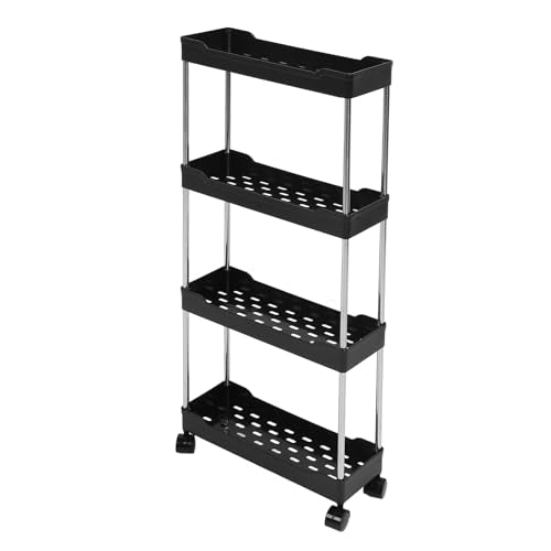 4 Tier Slim Storage Cart, Rolling Utility Cart with 4 Easy Glide Wheels and Side Hooks for Kitchen Bathroom Laundry Room Office Narrow Spaces (Black) - color: Black