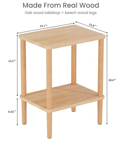 Solid Wood Side Table, Small End Table, Narrow Nightstand Bedside Table | 2-Tiers Real Oak Wood Table for Small Spaces, Bedroom, Living Room, Farmhouse, No-Tool Assembly.