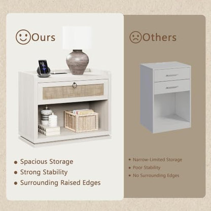 31" Wide Rattan Nightstand with Charging Station, End Side Table | Drawer & Open Shelf, Extra Large Night Stand, Farmhouse, Boho, Wood Bedside Table for Bedroom,Living Room,Office - color: White Cream Oak