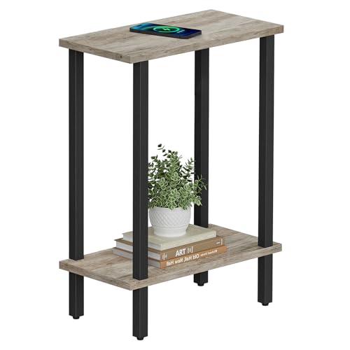 TUTOTAK Narrow Side Table, 2-Tier Small End Table for Couch | Skinny Sofa Table, Slim Nightstand, Easy Assembly for Living Room, Bedroom, Greige TB01BG062 - color: Greige, size: 2-Tier（7.9"D x 15.8"W x 22.5"H）
