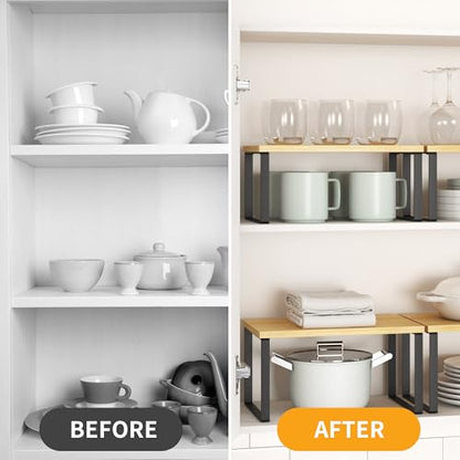 Kitchen Cabinet Organizer Shelf Set of 4, Sturdy Kitchen Counter Shelves with Metal Legs, Stackable Expandable Wood Spice Rack Pantry Cupboard Dish Mug Cup Storage Organizer Shelf,Black+Bamboo - color: Black+Bamboo