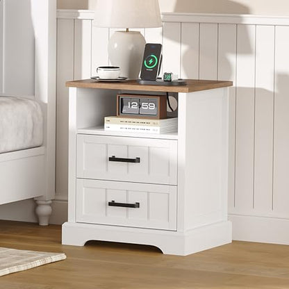 ChooChoo Farmhouse Night Stands with Charging Station, Wood Nightstand with 2 Drawers, Bedside Table with Open Storage Shelf for Bedroom, White