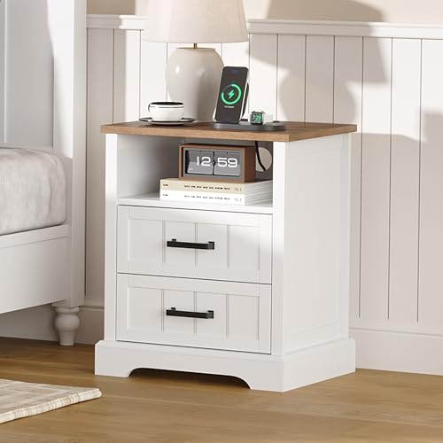 ChooChoo Farmhouse Night Stands with Charging Station, Wood Nightstand with 2 Drawers, Bedside Table with Open Storage Shelf for Bedroom, White