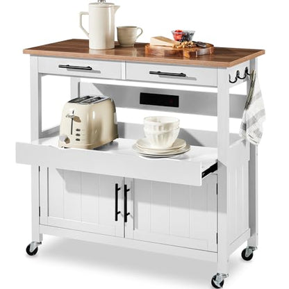 Best Choice Products 36in Large Rolling Kitchen Island Cart, 2-Door Cabinet, 2 Drawers, Pull-Out Shelf, Power Outlet, Hooks, & Swivel Lockable Wheels - White - style: White