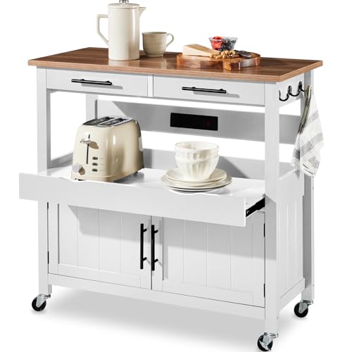 Best Choice Products 36in Large Rolling Kitchen Island Cart, 2-Door Cabinet, 2 Drawers, Pull-Out Shelf, Power Outlet, Hooks, & Swivel Lockable Wheels - White - style: White