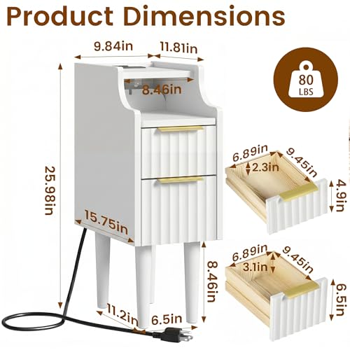 Fluted Narrow Nightstand with Charging Station, Solid Wood Night Stand with 2 Drawers, White Mid Century Modern Led Nightstand, Small Beside Table with Open Storage Shelf for Bedroom （10 inch） - color: White