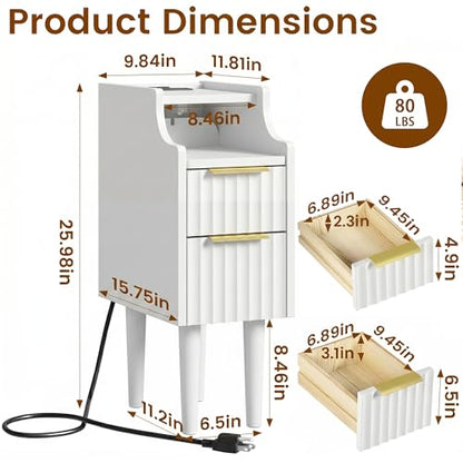 Fluted Narrow Nightstand with Charging Station, Solid Wood Night Stand with 2 Drawers, White Mid Century Modern Led Nightstand, Small Beside Table with Open Storage Shelf for Bedroom （10 inch） - color: White