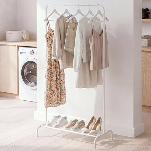 Small White Clothing Rack, Freestanding Metal Garment Rack with Bottom Shelf, Stable Clothes Rack for Small Spaces, Bedroom, Dorm, Apartment, 92LBS Capacity - color: White /1-Unit