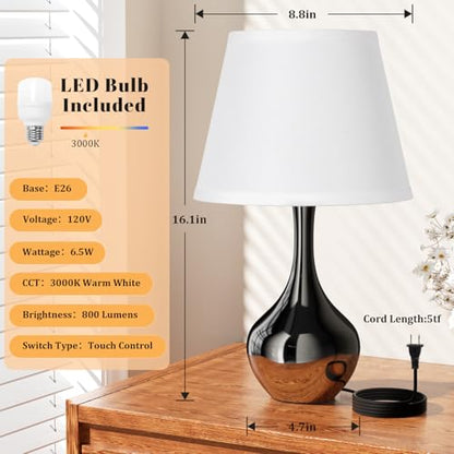 Seealle Touch Table Lamp for Bedroom, 3-Way Dimmable Small Bedside Lamps for Night Stands with Wires, Gloss Black Desk Lamp for Kids Room, Office, Living Room, End Table(LED Bulb Included) - color: F. White Shade & Pearl-black Base