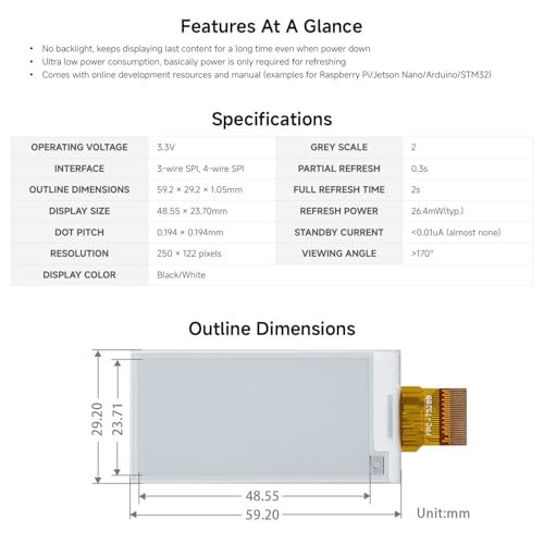 waveshare 2.13inch E-Ink Raw Display Compatible with Raspberry Pi 4B/3B+/3B/2B/B+/A+/Zero/Zero W/WH/Zero 2W Series Boards 250x122 Resolution SPI Interface Without PCB Supports Partial Refresh