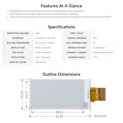 waveshare 2.13inch E-Ink Raw Display Compatible with Raspberry Pi 4B/3B+/3B/2B/B+/A+/Zero/Zero W/WH/Zero 2W Series Boards 250x122 Resolution SPI Interface Without PCB Supports Partial Refresh
