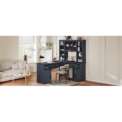 Bellemave L-Shaped Computer Desk with Drawers, Hutch and Bookshelf, Home Office Desk, Corner Gaming Computer Desk with Power Outlet, Study Table Writing Desk, Antique Blue - color: Antique Blue