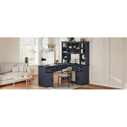 Bellemave L-Shaped Computer Desk with Drawers, Hutch and Bookshelf, Home Office Desk, Corner Gaming Computer Desk with Power Outlet, Study Table Writing Desk, Antique Blue - color: Antique Blue