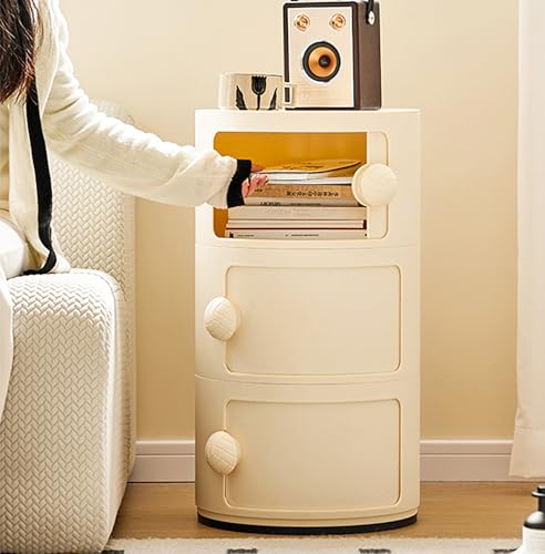 3 Tier Round Nightstand with Drawers, Plastic White Nightstand Modern Round Bedside Table with Handles and Sliding Door for Bedroom, Living Room - color: White