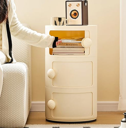 3 Tier Round Nightstand with Drawers, Plastic White Nightstand Modern Round Bedside Table with Handles and Sliding Door for Bedroom, Living Room - color: White