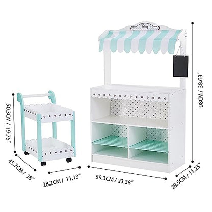 Teamson Kids My Dream Bakery Shop Dessert Stand and Rolling Pastry Cart Interactive Wooden Play Set with 18 Pretend Baked Goods, White and Mint Green with Gray Polka Dot Accents - style: Bakery Shop Dessert Stand