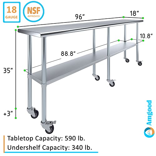 AmGood 96" Long x 18" Deep Stainless Steel Table with Casters - size: 96" Long x 18" Deep