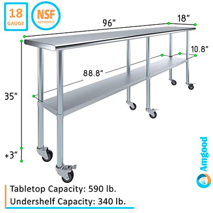 AmGood 96" Long x 18" Deep Stainless Steel Table with Casters - size: 96" Long x 18" Deep