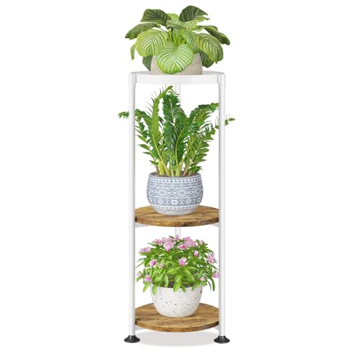 LASZOLA 3 Tier White Plant Stand Indoor for Large Tall Heavy Duty Flower Planter, Metal Vertical Multi Level Rack for Narrow Floor Corner, Sturdy Round Holder Organizer, Modern, Mid Century, Farmhouse - color: Pure White-Brown, size: 3 Tier