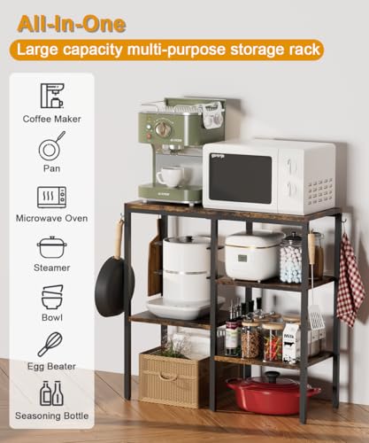 4-Tier Kitchen Microwave Oven Stand, Adjustable Coffee Bar Station for Small Appliance, Baker's Rack with 4 Hooks & 7 Storage Shelves for Kitchen, Living Room, Black - color: Black