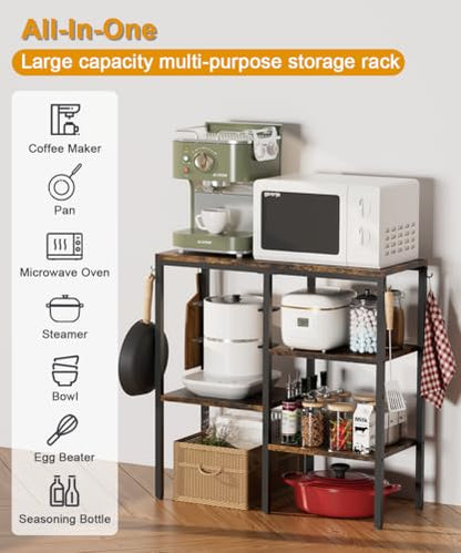 4-Tier Kitchen Microwave Oven Stand, Adjustable Coffee Bar Station for Small Appliance, Baker's Rack with 4 Hooks & 7 Storage Shelves for Kitchen, Living Room, Black - color: Black
