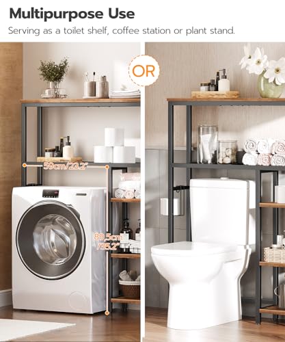 HOOBRO Over The Toilet Storage Cabinet, Freestanding Bathroom Organizer with Toilet Paper Holder, Hooks, 5-Tier Bathroom Storage Shelves for Laundry Room, Space Saver, Rustic Brown and Black BF84TS01