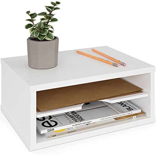 Ballucci File Organizer, 2-Tier Document Paper Sorter, Stackable Wood Desk Organizer Mail Holder, Monitor Stand with Storage Shelves, White - color: White, size: 2 Tier