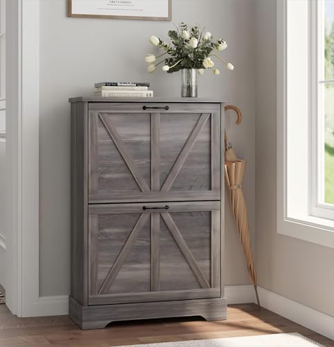 Smart FENDEE Shoe Cabinet, Shoe Storage Cabinet for Entryway with 2 Flip Drawers, Narrow Farmhouse Shoe Organizer Cabinet, Slim Shoe Rack Cabinet, Gery - color: Grey, size: Width - 23.6 inches