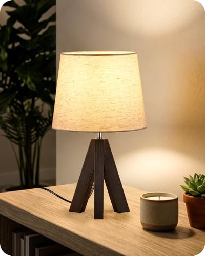 Small Table Lamp for Bedroom, 14.6" Bedside Lamp with Beige Linen Shade & Walnut Wood Tripod Base, Modern Nightstand Lamp for Living Room, Nursery, Entryway, E26 Socket, VE51TL05 - color: Beige+Dark Walnut