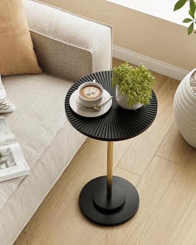 Round Side Table, Drink Table for Small Spaces, Black Gold Carved | 23.6" Modern Accent Cocktail Table, Martini Table, End Table with Metal Leg for Living Room, Bedroom, Corners, and Office - color: Black Gold
