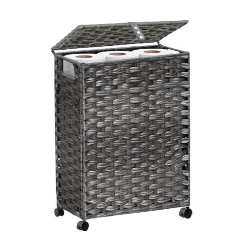 Hiagnete Toilet Paper Storage Basket with Lid and Wheels, Rattan Toilet Paper Holder Storage, Toilet Paper Organizer for Bathroom, Bedroom, Kitchen, 12.6”L x 7.1”W x 17.14”H, Grey - color: Grey, size: 12.6”L x 7.1”W x 17.14”H