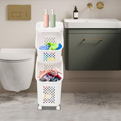 2 Tier Laundry Basket Holder, Utility Laundry Basket with Wheels Clothes Storage Organizer Cart Removable Rolling Laundry Hampers for Bathrooms Bedrooms Kitchen (2-Tier) - size: 2-Tier