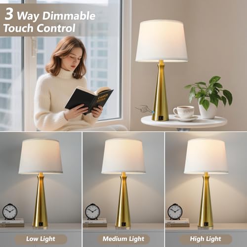 Seealle Modern Table Lamps Set of 2 - Touch Bedside Lamps for Nightstand with Dual USB C+A,3-Way Dimmable Gold Nightstand Lamps for Living Room Bedroom (Bulb Included) - color: G. Gold-White