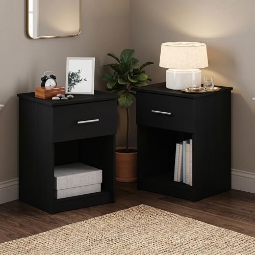 Set of 2 Modern Nightstand with Drawer, Bedside Table with Storage Shelf, Bar Handle Drawer End Table, Side Table, Night Stand, for Living Room, Bedroom, Americano - color: Americano, size: Set of 2, Bar Handle