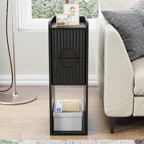 Black Narrow Nightstand, Fluted Small 2 Drawer Nightstand, Slim Side End Table, Wooden Vintage Bedside Table, Mid Century Modern Night Stand, Bedroom, Wood, 1 Pc - color: Z01-black-1 Pc