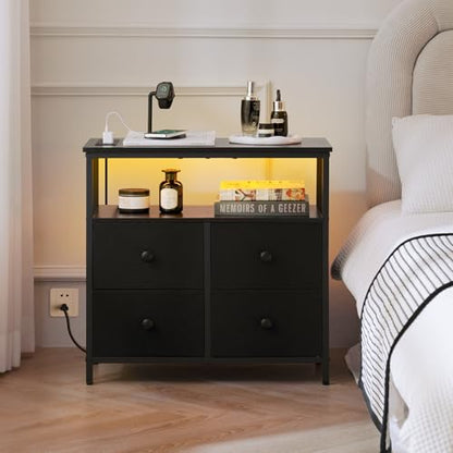 Yoobure Night Stand with Charge Station, Nightstand with 4 Drawers Bedside Table, LED Dresser with Storage Shelf, Night Stands for Bedroom, Side Table 3-Tier Wood End Table for Home, Office Black - color: Black