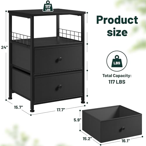 EnHomee 17.8" W Nightstand, End Table with Fabric Drawers and Open Wood Shelf Storage,Safety Netting on 2 Sides of Night Stand,Bedside Table with Metal Frame for Bedroom,Closet, Dorm,Black and Gray - color: Black and Gray