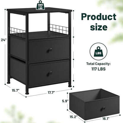 EnHomee 17.8" W Nightstand, End Table with Fabric Drawers and Open Wood Shelf Storage,Safety Netting on 2 Sides of Night Stand,Bedside Table with Metal Frame for Bedroom,Closet, Dorm,Black and Gray - color: Black and Gray