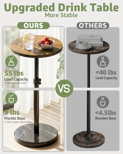 Adjustable Drink Table Marble Base, Small Round Side Table, Pedestal Side Table for Small Spaces in Living Room, Bedroom, Sofa Couch, Brown & Black